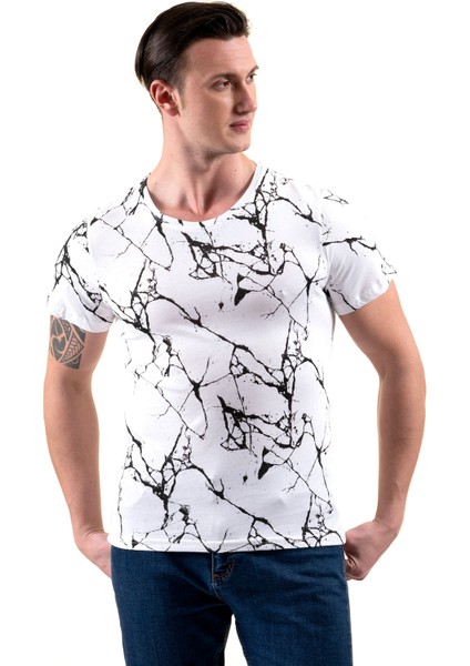 Beyaz Üzerine Siyah Baskılı Tasarım Bisiklet Yaka Basic T-Shirt Normal Fit Erkek Tişört fiyatları