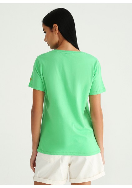 Bisiklet Yaka Düz Yeşil Kadın T-Shirt TENGIZ