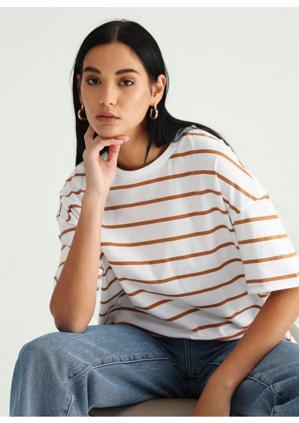 Bisiklet Yaka Çizgili Kahverengi - Beyaz Kadın T-Shirt K-MELISSA fiyatları
