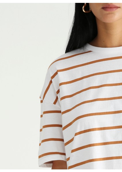 Bisiklet Yaka Çizgili Kahverengi - Beyaz Kadın T-Shirt K-MELISSA fırsatları
