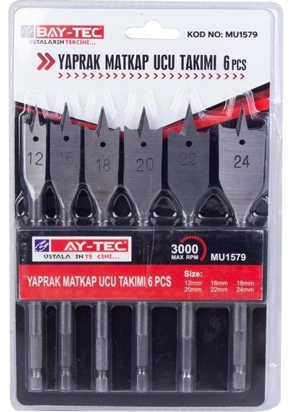 6 Parça Yaprak Ahşap Delici Matkap Ucu 12-16-18-20-22-24 Bay-Tec MU1579
