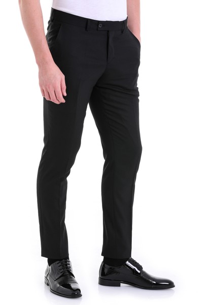 Siyah Slim Fit Düz Yandan Cep Düşük Bel Yünlü Pantolon