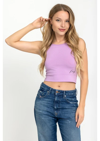 Kadın Halter Yaka Ince Askılı Crop Bluz Lila