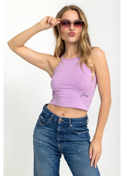 Kadın Halter Yaka Ince Askılı Crop Bluz Lila