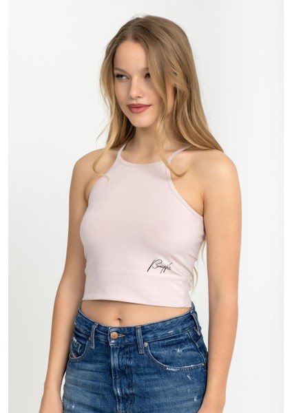 Kadın Halter Yaka Ince Askılı Crop Bluz Krem