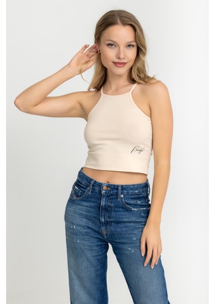 Kadın Halter Yaka Ince Askılı Crop Bluz Krem