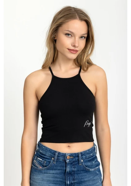 Kadın Halter Yaka Ince Askılı Crop Bluz Siyah