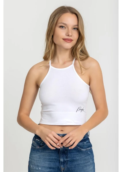 Kadın Halter Yaka Ince Askılı Crop Bluz Beyaz