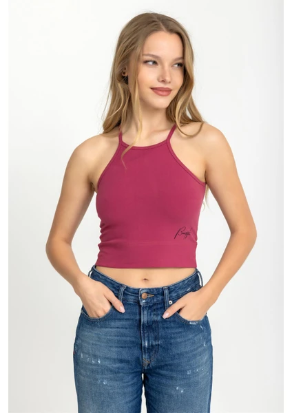 Kadın Halter Yaka Ince Askılı Crop Bluz Bordo