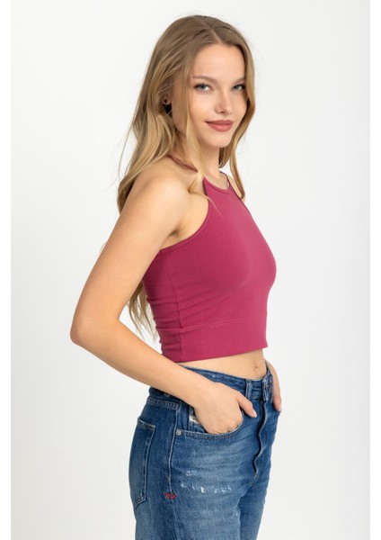 Kadın Halter Yaka Ince Askılı Crop Bluz Bordo