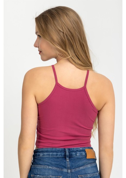 Kadın Halter Yaka Ince Askılı Crop Bluz Bordo