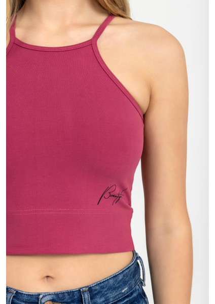 Kadın Halter Yaka Ince Askılı Crop Bluz Bordo