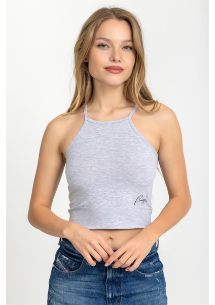 Kadın Halter Yaka Ince Askılı Crop Bluz Gri fiyatları