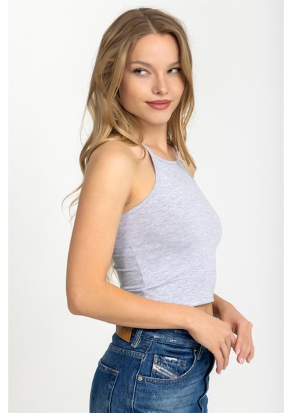 Kadın Halter Yaka Ince Askılı Crop Bluz Gri modelleri