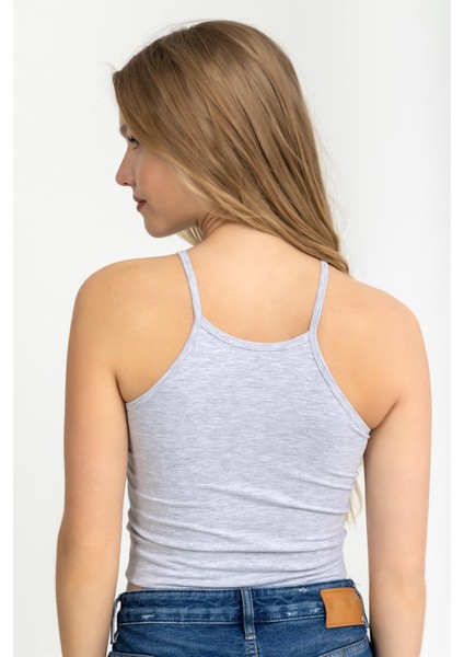 Kadın Halter Yaka Ince Askılı Crop Bluz Gri fırsatları