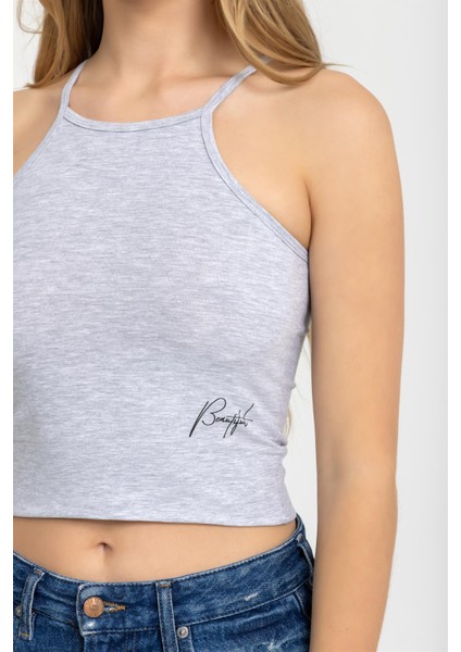 Kadın Halter Yaka Ince Askılı Crop Bluz Gri indirimleri
