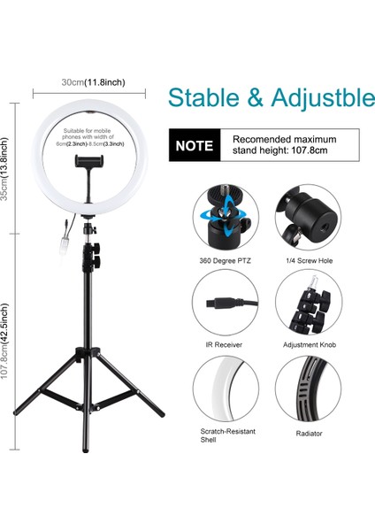 11.8 Inç 30 cm Rgbw Işık + 1.1m Tripod Dağı (Siyah) (Yurt Dışından)