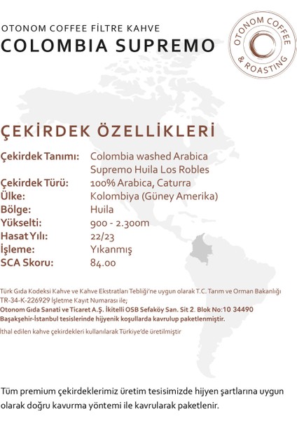 Otonom Coffee Kolombiya Supremo Filtre Kahve 250 gr Öğütülmüş