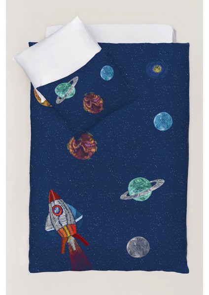 Casadora Baby Space Planet Navy Blue %100 Pamuk Saten Bebek/çocuk Nevresim Takımı