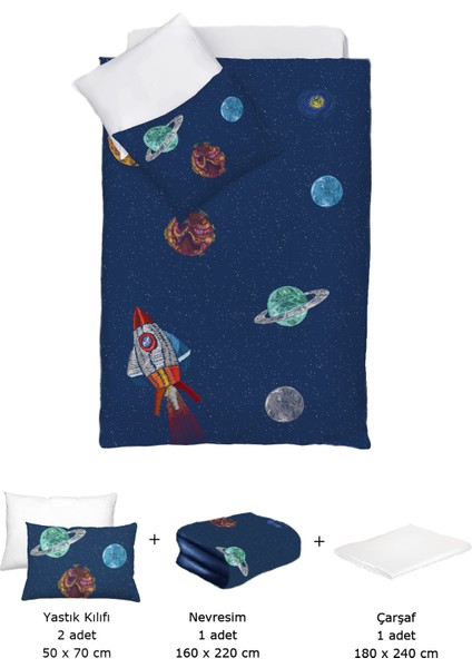 Casadora Baby Space Planet Navy Blue %100 Pamuk Saten Bebek/çocuk Nevresim Takımı