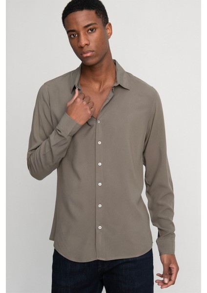 Slim Fit Dar Kesim Uzun Kol Dökümlü Viskon Şık Erkek Haki Gömlek