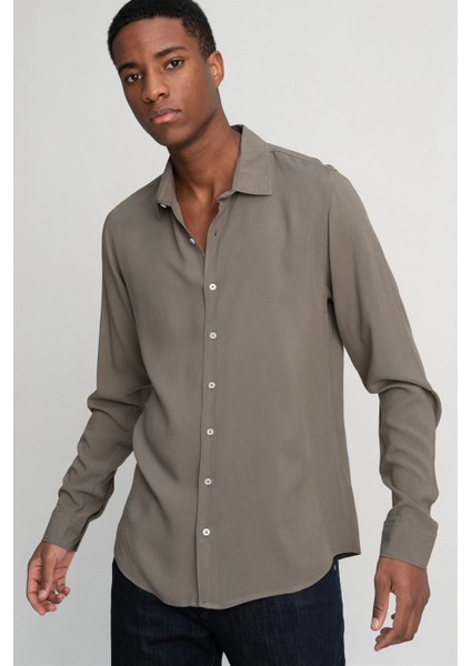 Slim Fit Dar Kesim Uzun Kol Dökümlü Viskon Şık Erkek Haki Gömlek fiyatları