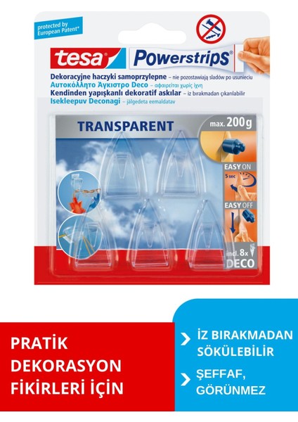 Powerstrips Askı, Şeffaf, Çıkarılabilir, 5 adet