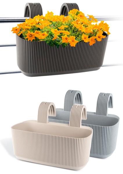 3 Adet Pera Kendinden Askılı Saksı Renkli Set 1 Karasu Plastik Ayar Aparatlı Balkon Saksısı Seti