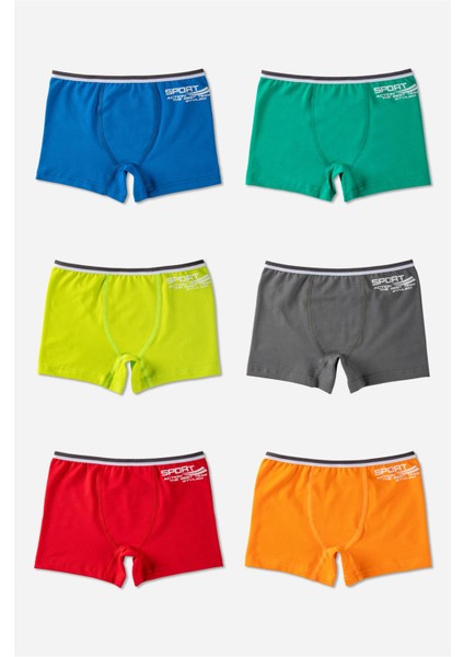 Erkek Çocuk Pamuklu Düz Rahat Kesim Likralı Boxer 6'lı Paket 3372 Renkli