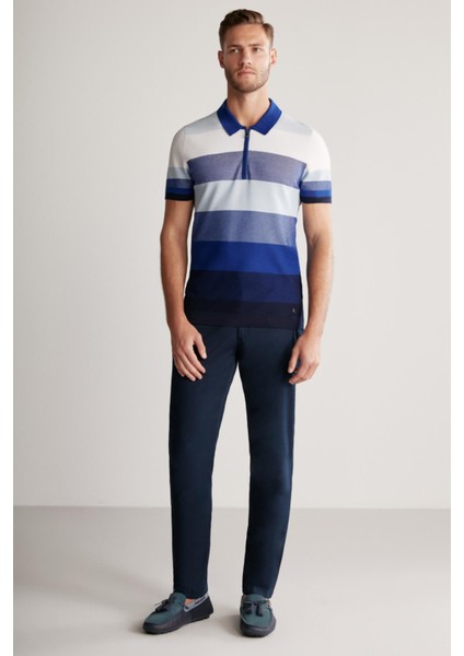 Lacivert Çizgili Fermuarlı Yaka Giza Pamuk Triko Polo fiyatları