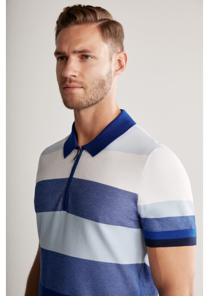 Lacivert Çizgili Fermuarlı Yaka Giza Pamuk Triko Polo fırsatları