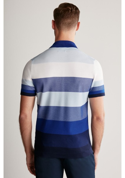 Lacivert Çizgili Fermuarlı Yaka Giza Pamuk Triko Polo indirimleri