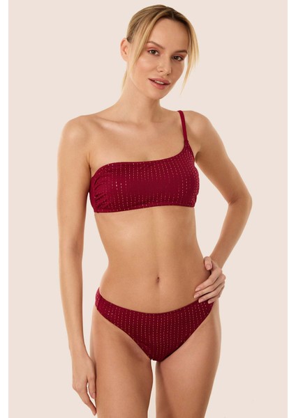 3568 Bordo Simli Tek Omuz Bikini Takımı