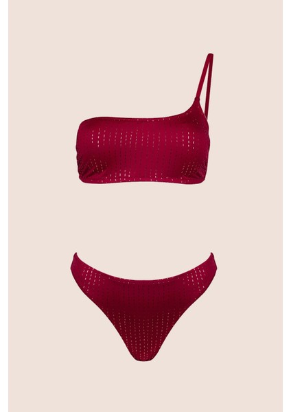 3568 Bordo Simli Tek Omuz Bikini Takımı fırsatları