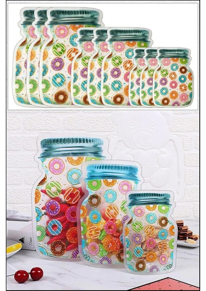 9 Adet 3 Boy Kavanoz Görünümlü Kilitli Donutlu Saklama Poşeti / 150ml - 500ml - 620ml