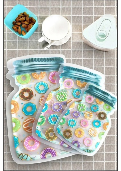 9 Adet 3 Boy Kavanoz Görünümlü Kilitli Donutlu Saklama Poşeti / 150ml - 500ml - 620ml
