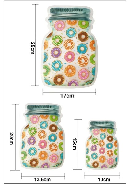9 Adet 3 Boy Kavanoz Görünümlü Kilitli Donutlu Saklama Poşeti / 150ml - 500ml - 620ml