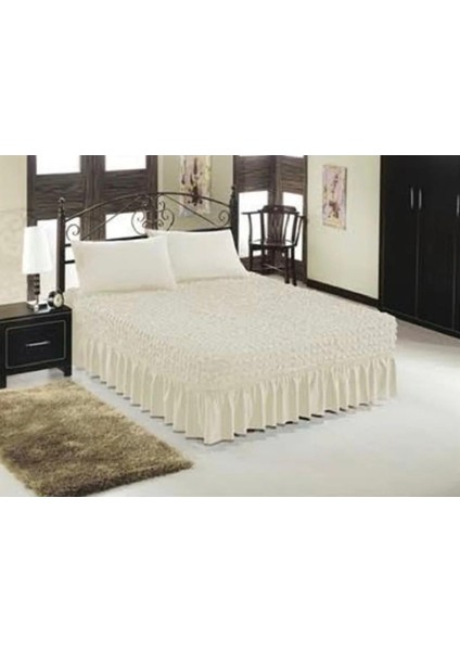 Bürümcük Yatak Örtüsü, Çift Kişilik Yıkanabilir Örtü, Etekli, Esnekli 160 x 200 cm Krem (Yastık Kıılıfı Yoktur)