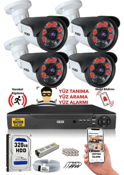 4 Kameralı 1080P Fullhd 5mp Sony Lensli Güvenlik Kamerası Seti Gece Görüşlü - Cepten Izleme A2185