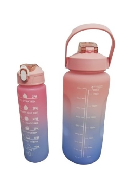 2'li Motivasyonel Işaretli Su Matarası - 2000+900 ml Ikiz Sporcu Tritan Su Matarası