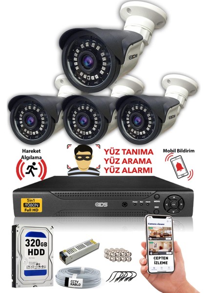 4 Kameralı 5mp Sony Lensli Gece Görüşlü Güvenlik Kamerası Seti - Cepten Izle - A1520
