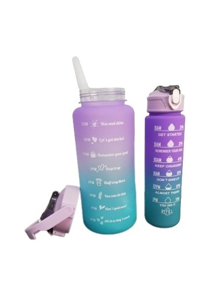 2'li Motivasyonel Işaretli Su Matarası - 2000+900 ml Ikiz Sporcu Tritan Su Matarası