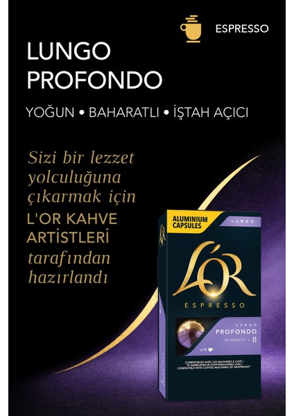 L'OR Lungo Profondo Intensity 8 Nespresso Uyumlu Kapsül Kahve Fırsat Paketi 10 Adet x 5 Paket