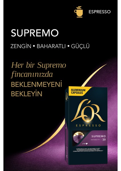 L'OR Supremo Intensity 10 Nespresso Uyumlu Kapsül Kahve Fırsat Paketi 10 Adet x 5 Paket