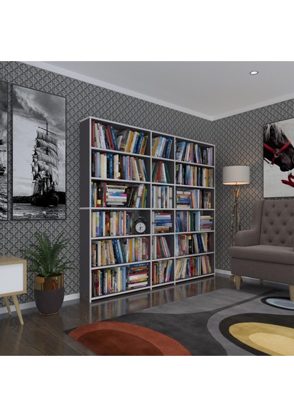 Kenzlife kitaplık süper ga 180*200*19 gri 6 katlı 3 bölme çift bölme opsiyonlu ofis mutfak banyo dolabı arkalıksız