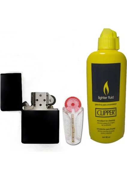 İndirim Center Zippo Siyah Benzinli Çakmak Clipper Benzin 80 ml Zippo Taşı Süper Set