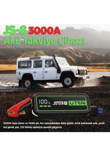 UTRAI Jstar 8 74Wh 20000mAh 3000A Jump Starter Taşınabilir Akü Takviye Cihazı ( Powerbank + Led Lamba + Taşıma Kılıfı + LCD Ekran )