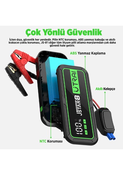 UTRAI Jstar 8 74Wh 20000mAh 3000A Jump Starter Taşınabilir Akü Takviye Cihazı ( Powerbank + Led Lamba + Taşıma Kılıfı + LCD Ekran )