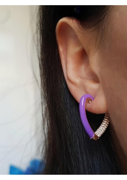 Beyaz Taşlı Mor Kalp Model Rose Gümüş Küpe modelleri