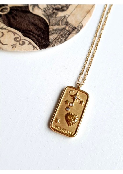 The Stars Çelik ve Taşlı Gold Madalyon Kolye